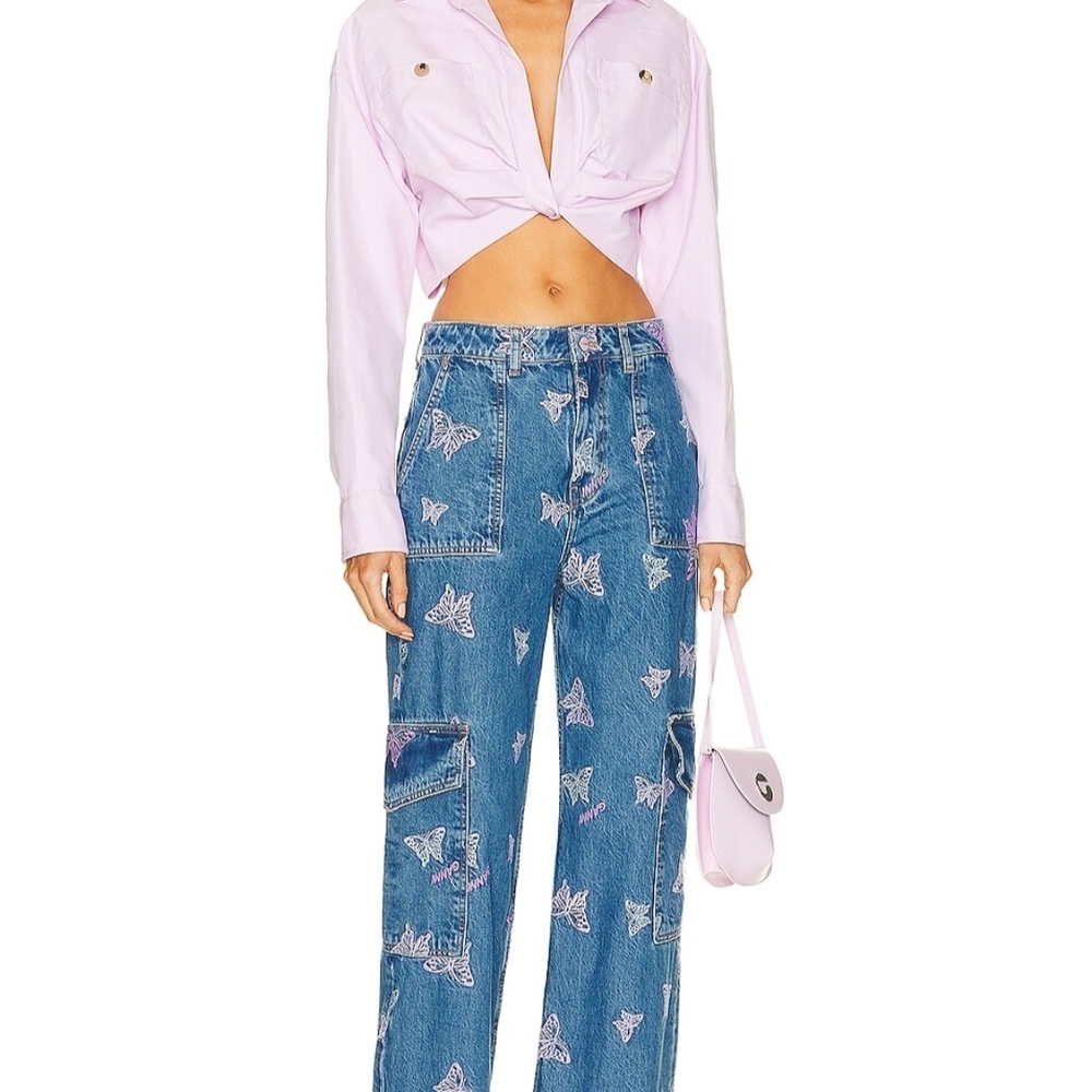 Ganni Blue Straight Leg Jeans with Butterfly Design